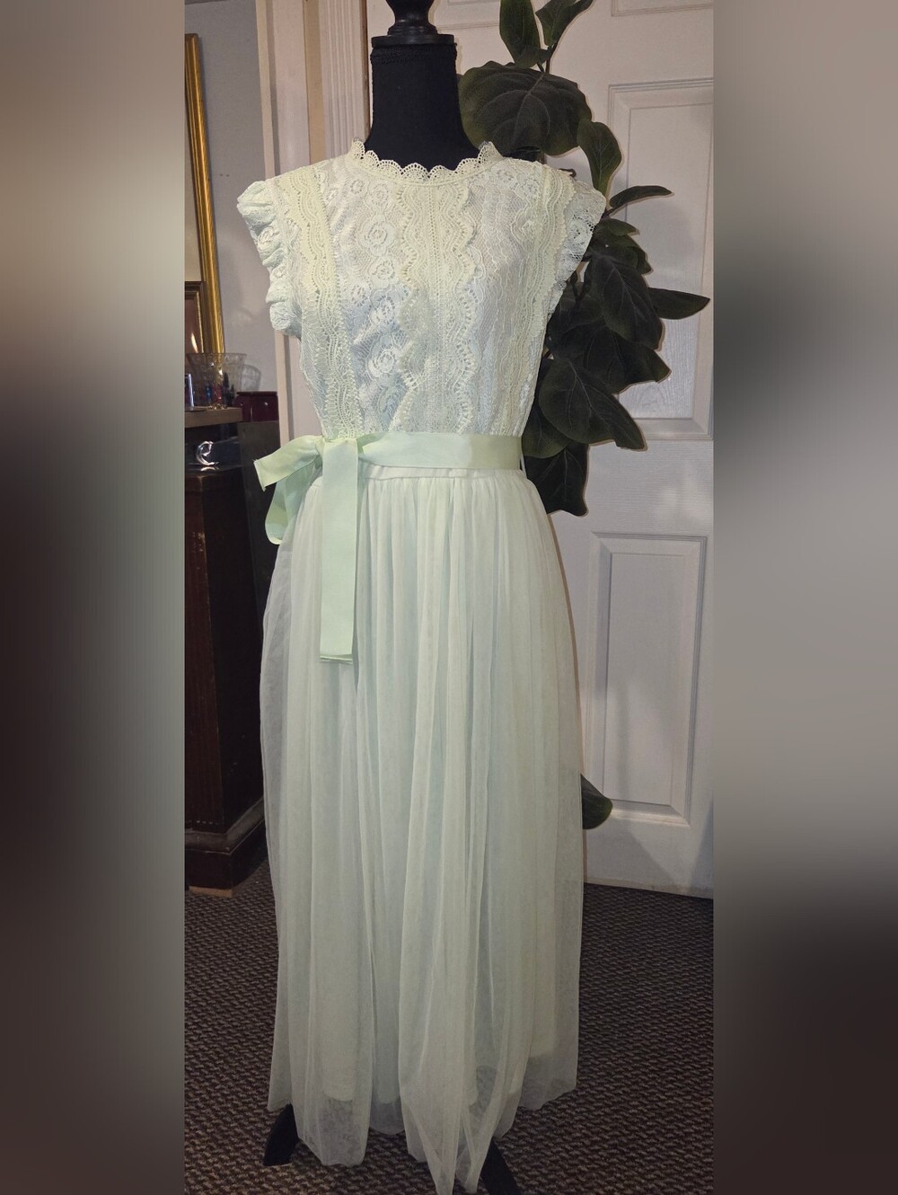 Women's Simplee Brand Contrast Lace Mint Green Belted Mesh Midi Dress | SIZE L - Picture 6 of 9